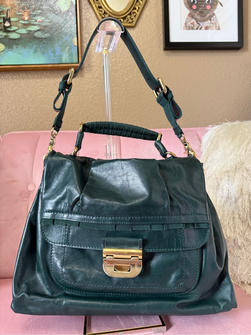 💯Auth! Nina Ricci Liane Green Leather Shoulder/Top handle Bag w Gold Hardware